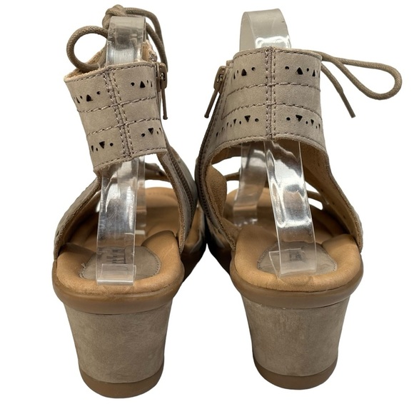earth Taupe Beige Leather Suede Boho Open Toe Lace 2.5” Wedge Bootie Size 9.5 W - Picture 6 of 9